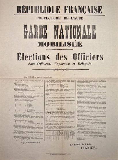 null TROYES, le 20 Octobre 1870 - Préfecture de l'AUBE - " GARDE NATIONALE MOBILISÉE...