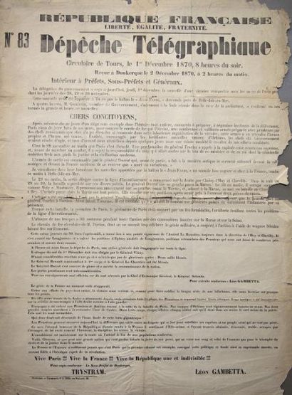 null DÉPÊCHE TÉLÉGRAPHIQUE N°83 - Circulaire de TOURS, reçue à DUNKERQUE le 2 déc....