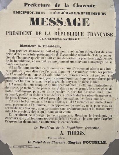 null CHARENTE - " MESSAGE d'Adolphe THIERS Le Président de la République Française,...