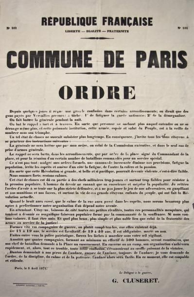 null COMMUNE DE PARIS (N° 101) - PARIS le 8 Avril 1871 - ORDRE de G. CLUSERET Le...