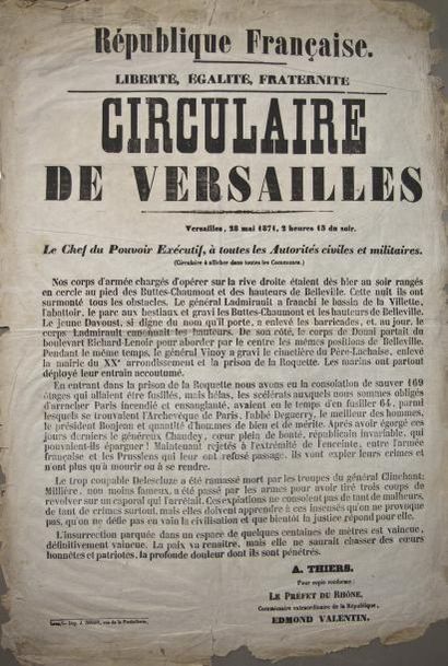 null CIRCULAIRE DE VERSAILLES, 28 Mai 1871, 2 heures 15 du soir - Adolphe THIERS...