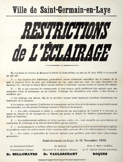 null Ville de ST-GERMAIN EN LAYE (78) 11 nov. 1939 - " Restrictions de l'Éclairage"...