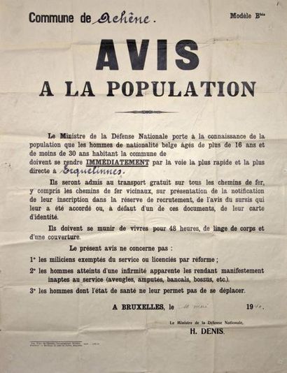 null BELGIQUE - (MOBILISATION) - BRUXELLES le 10 Mai 1940 - Commune de ACHÊNE - Avis...