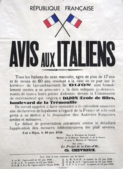 null (CÔTE D'OR) - République Française, " Avis aux ITALIENS, tous les italiens du...