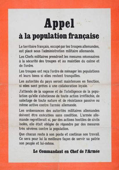 null 1940 - " APPEL A LA POPULATION FRANÇAISE " - Le territoire français, occupé...