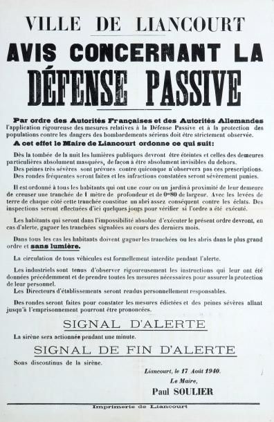 null Ville de LIANCOURT (OISE) 17 août 1940 - " Avis concernant la défense passive...