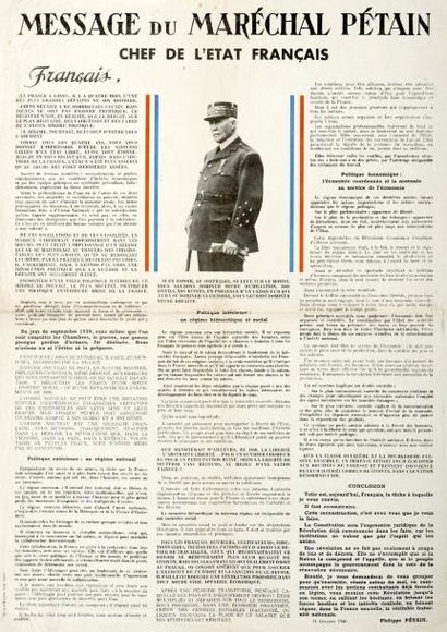 null MESSAGE DU MARÉCHAL PÉTAIN CHEF DE L'ÉTAT FRANÇAIS du 11 Octobre 1940 - " La...