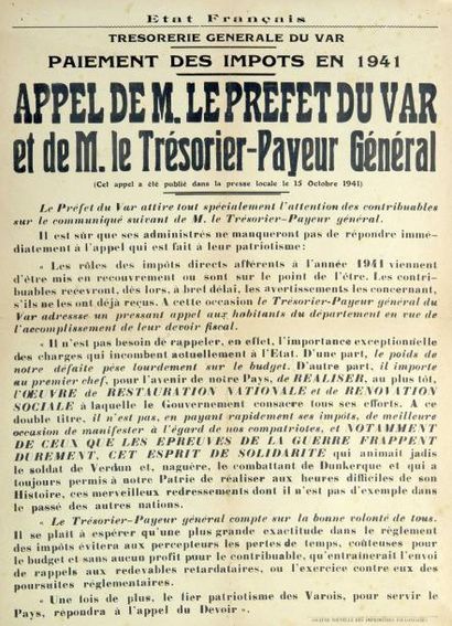 null État Français - " Trésorerie générale du VAR - Paiement des impôts en 1941 "...