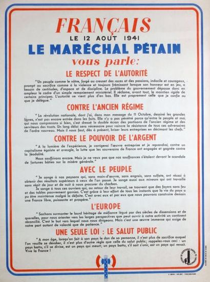 null Français le 12 août 1941, le Maréchal Pétain vous parle.. - Impr. B. Sirven...