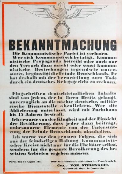 null PARIS 14 août 1941 - BEKANNTMACHUNG (Contre les Communistes) Von STULPNAGEL...