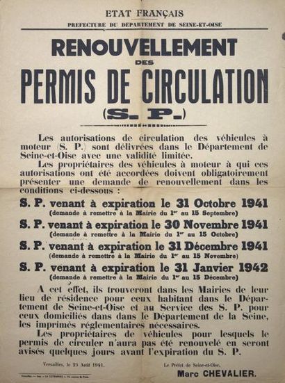 null GUERRE 1939/1945 - ÉTAT FRANÇAIS - SEINE-ET-OISE - "Renouvellement des PERMIS...