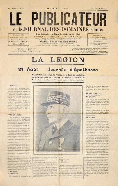 null (LA LÉGION) - Journal LE PUBLICATEUR du Dimanche 31 Août 1941 - " La Légion,...