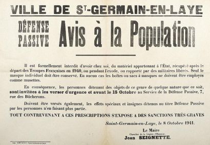 null Ville de ST-GERMAIN EN LAYE (78) 8 Octobre 1941 - Défense Passive - " Avis à...