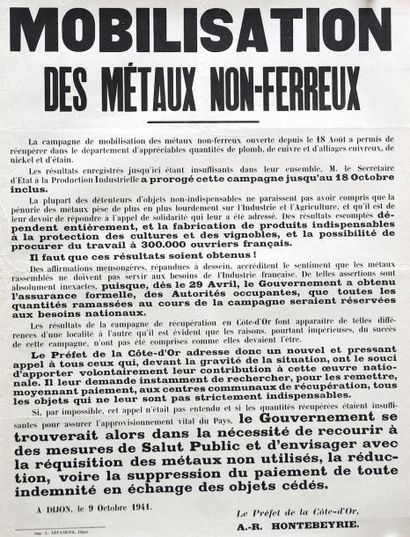 null DIJON 9 Octobre 1941 " Mobilisation des métaux non-ferreux " - Impr. L. Lepagnez...