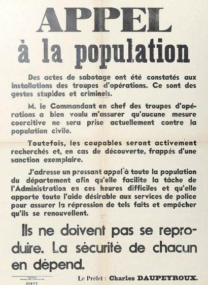 null PYRÉNÉES ORIENTALES - " APPEL À LA POPULATION " de Charles DAUPEYROUX, Préfet...