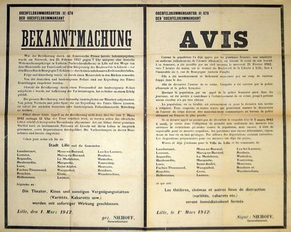 null LILLE (59) 1 Mars 1942 - " BEKANNTMACHUNG - AVIS. " OBERFELKOMMANDANTUR (V)...