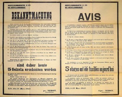 null LILLE (59) 31 Mars 1942 - " BEKANNTMACHUNG - AVIS . " OBERFELKOMMANDANTUR (V)...