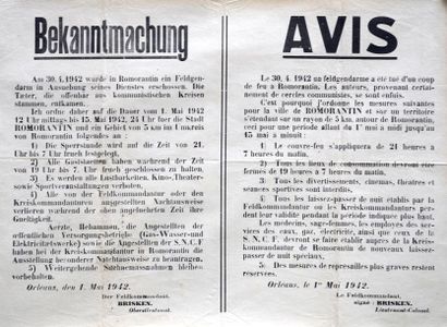 null ORLÉANS (45) 1er mai 1942 " Bekanntmachung, Avis Le 30 4 1942 un feldgendarme...