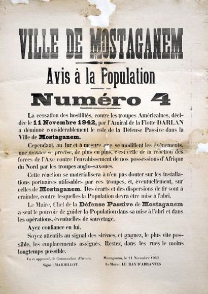 null Ville de MOSTAGANEM - Avis à la population N°4, du 11 novembre 1942 - Affiche...
