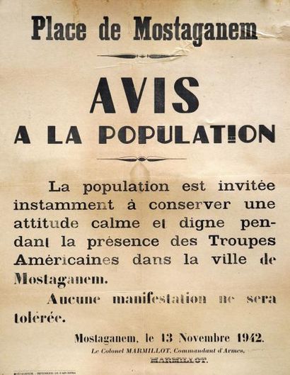 null Place de MOSTAGANEM - Avis à la population 13 Nov. 1942 - Impr. de l'Ain-Sefra...