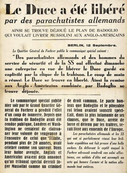 null (MUSSOLINI) " LE DUCE a été libéré par des parachutistes allemands " Berlin...