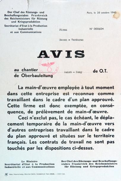 null PARIS 20 Octobre 1943 - Avis au Chantier SAINT-REMY de O.T. de Oberbauleitung...