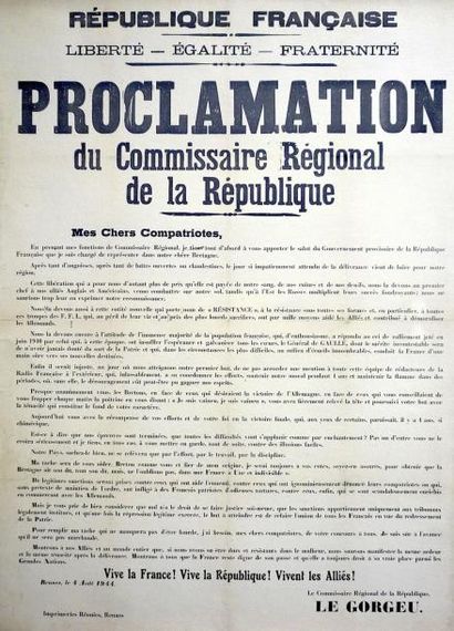 null (LIBÉRATION DE LA BRETAGNE) - RENNES (35) 4 Août 1944 - PROCLAMATION du Commissaire...