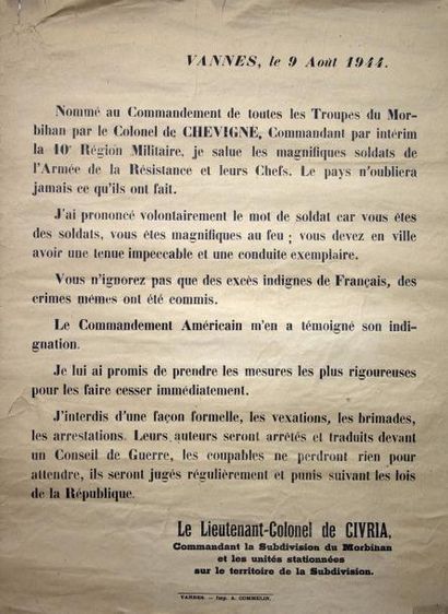 null (LIBÉRATION DU MORBIHAN - ÉPURATION) - VANNES 9 août 1944 - Avis du Le Lieutenant-Colonel...
