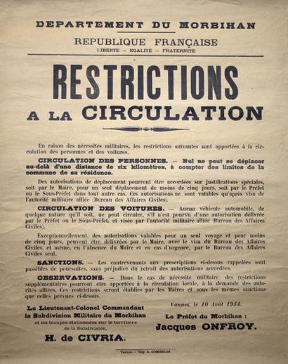null (LIBÉRATION DU MORBIHAN) - " RESTRICTIONS À LA CIRCULATION " - Vannes 10 août...