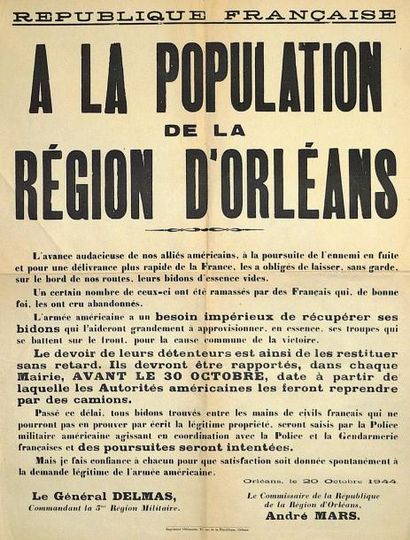 null (LIBÉRATION DU LOIRET) - " A LA POPULATION DE LA RÉGION D'ORLÉANS. " - Avis...