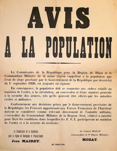 null (LIBÉRATION DE LA BOURGOGNE et de la FRANCHE-COMTÉ, Nov. 1944) - AVIS à la Population...