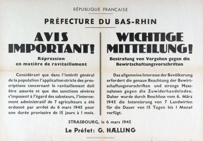 null STRASBOURG 6 mars 1945 - Préfecture du BAS-RHIN - Avis important! - Wichtige...
