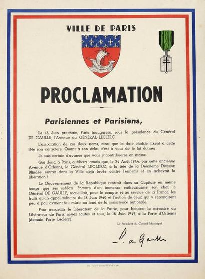 null 1949 - (Avenue du GÉNÉRAL LECLERC) - Proclamation de la Ville de PARIS - "Le...