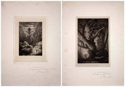 BAR Alexandre de (1821 - 1906) «Paysages». 2 Gravures sur japon avec envoi Autographe...