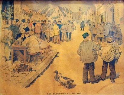 Pille Henri (1844 - 1897) «les élections au village» Estampe en couleur signée à...