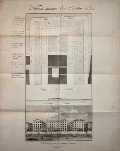  «RHONE - Ville de LYON» Gravure XVIIIème: Plan et vue du «Nouveau quartier des CELESTINS...