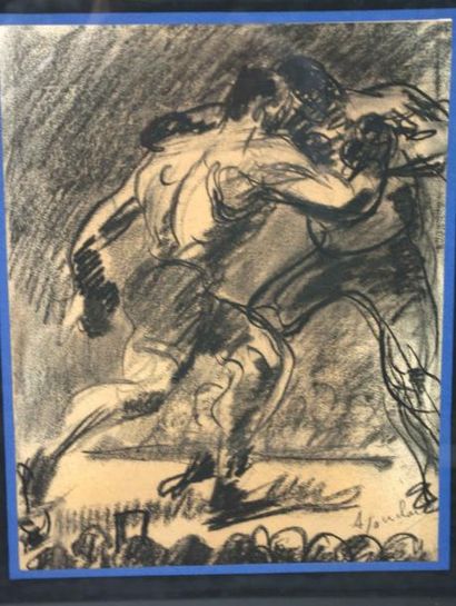 Pouchard A. (XX°) «Combat de boxe» Fusain sur papier signé