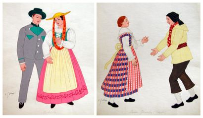 Gallois Emile (1882 - 1965) «Costumes autrichien et suisse» 2 dessins et gouaches...