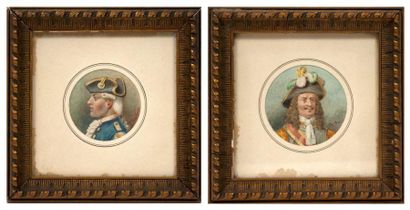 Chaufour Anne (XX°) «Portraits d'homme en costumes XVIII°» Deux aquarelles sur papier...