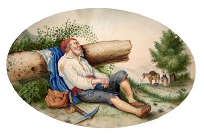 Auguste Jacob (XIX-XX°) «Montagnard endormi» Aquarelle sur papier ovale signée et...