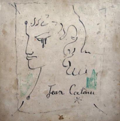 COCTEAU Jean (1889 - 1963) «Oedipe» Feutre noir et feutre vert sur une plaque de...