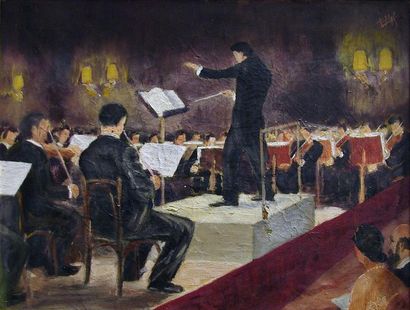 Balas (France, XX°) «Le concert» huile sur toile signée en haut à droite. 38 x 49...