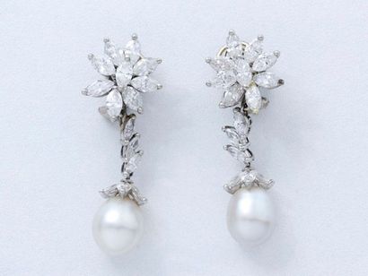 null Elégante paire de pendants d'oreilles en or gris, stylisant un motif floral...
