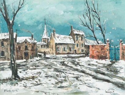 L. P. ROBERT LAVOINE (1916-1999) Saint-Lucien sous la neige Gouache sur papier Signée...