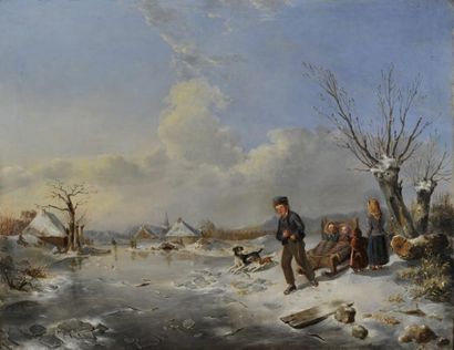 Attribué à Albert BARNEKOW (1820-1889) La luge sur la neige Huile sur toile, signée...