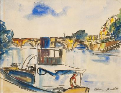 Elisée MACLET (1881-1962) Péniche sur la Seine Aquarelle sur papier Signée en bas...