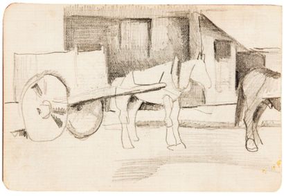 Charles KVAPIL (1884-1957) La charrette Dessin au crayon sur papier quadrillé, cachet...