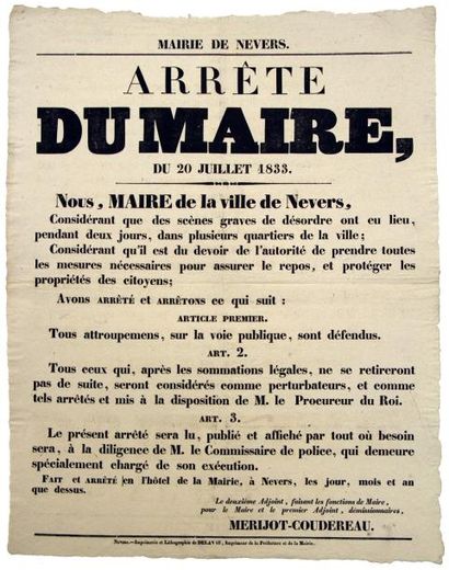 null (NIÈVRE - Attroupements) - «Arrêté du Maire du 20 Juillet 1833.» - «Considérant...