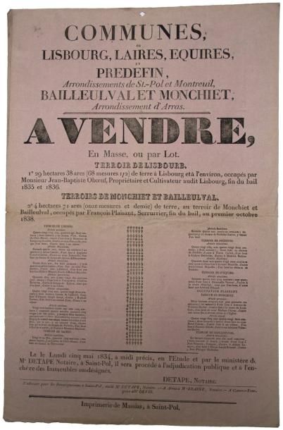 null PAS-DE-CALAIS - Vente par adjudication publique le 5 Mai 1834, par le Ministère...