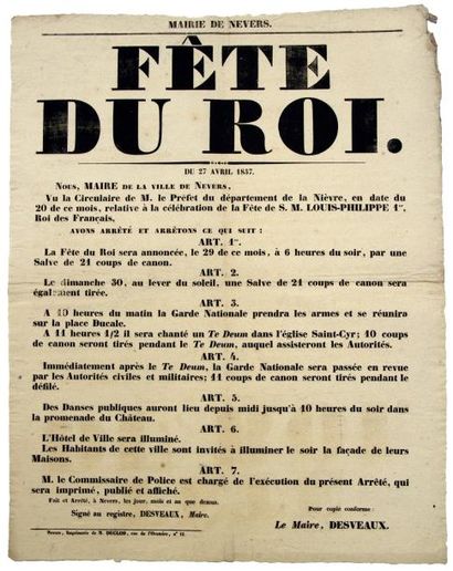 null (NIÈVRE) - «FÊTE DU ROI.» du 27 Avril 1837 - Arrêté de DESVEAUX, Le Maire de...